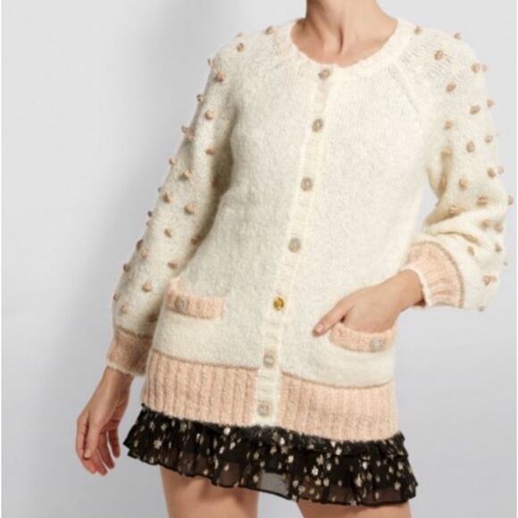 LoveShackFancy Sweaters - LoveShackFancy Nuri white pink mohair Pom cardigan